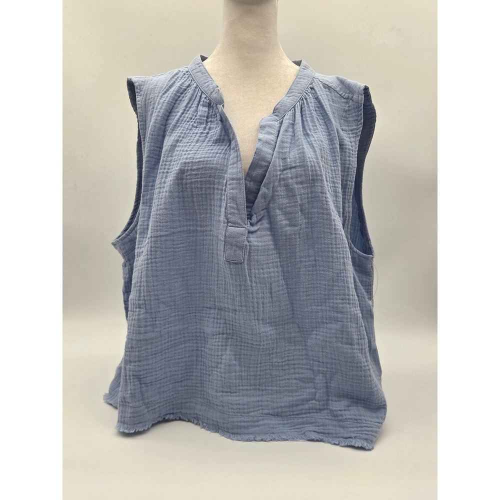DKNY Jeans Women's XL Blue Cotton Gauze Sleeveless Split Neck Top 101-461